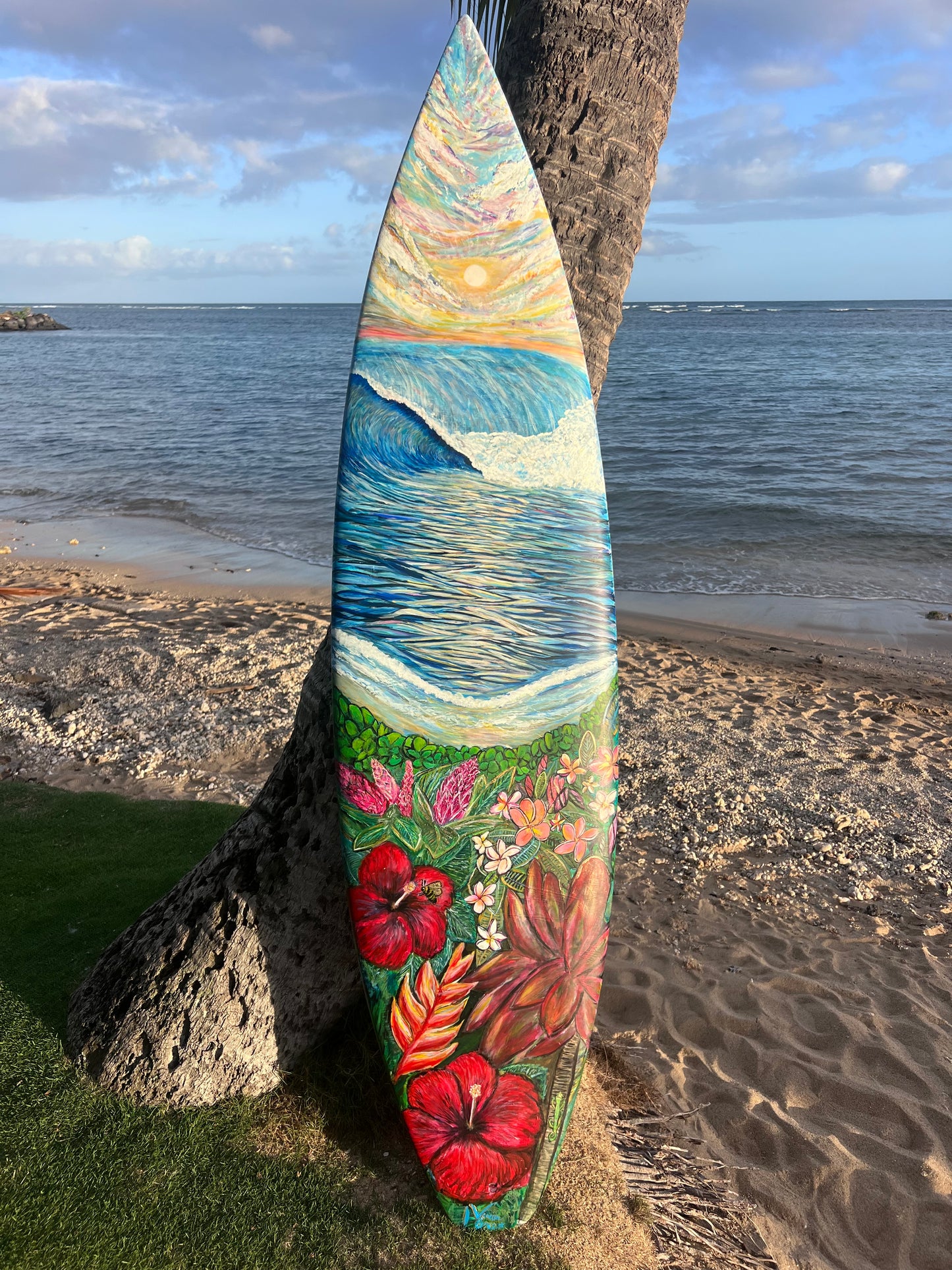 Hand-Painted Surfboard – "Where the Ocean Blooms" by Vanessa Grace
