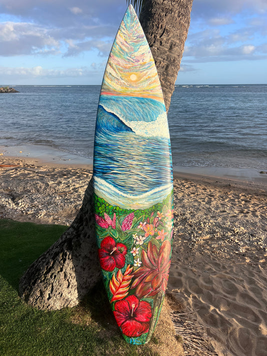Hand-Painted Surfboard – "Where the Ocean Blooms" by Vanessa Grace